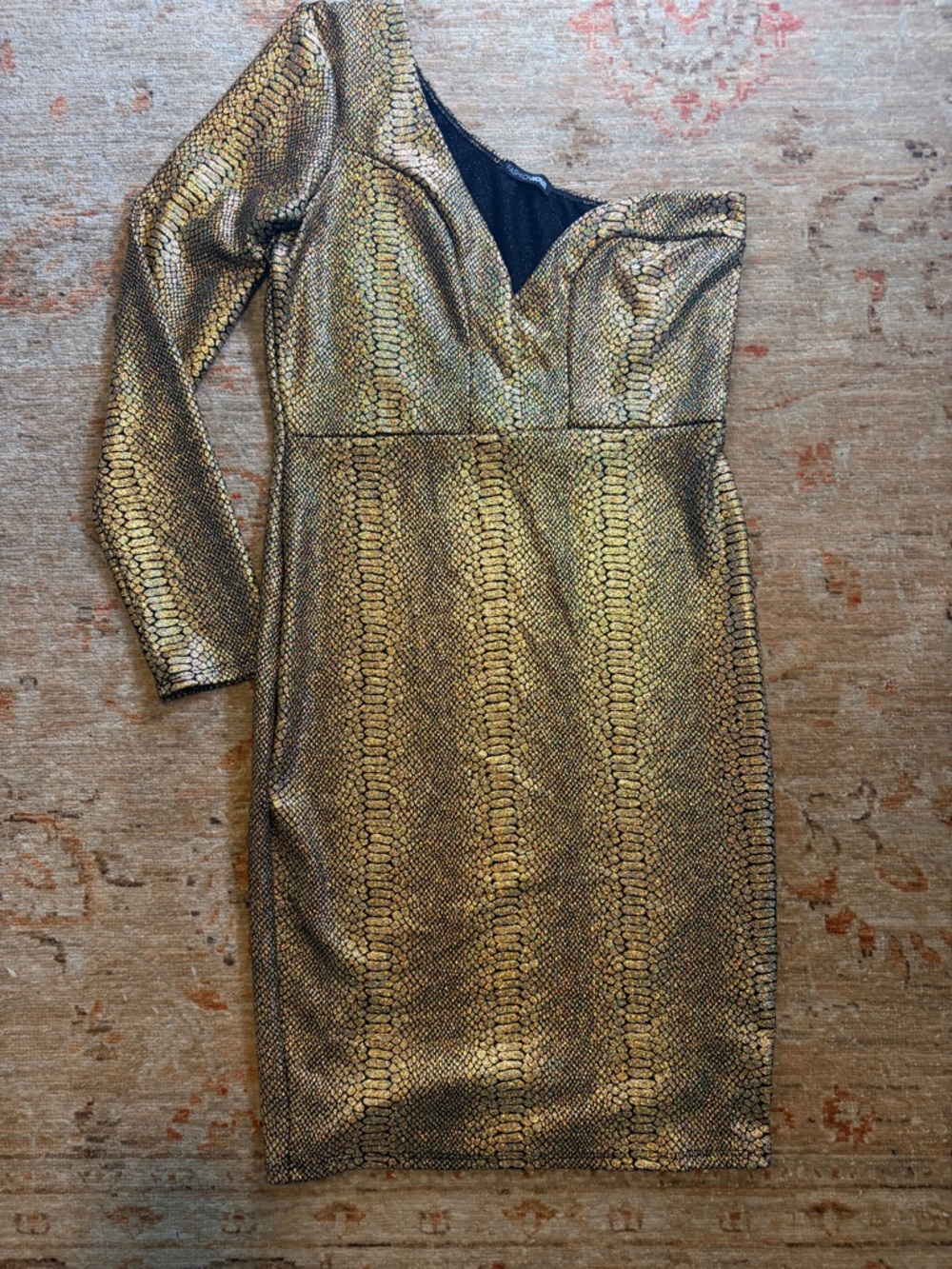 Fashion Nova Gold One-Shoulder Stretchy Snake-Print Bodycon Dress